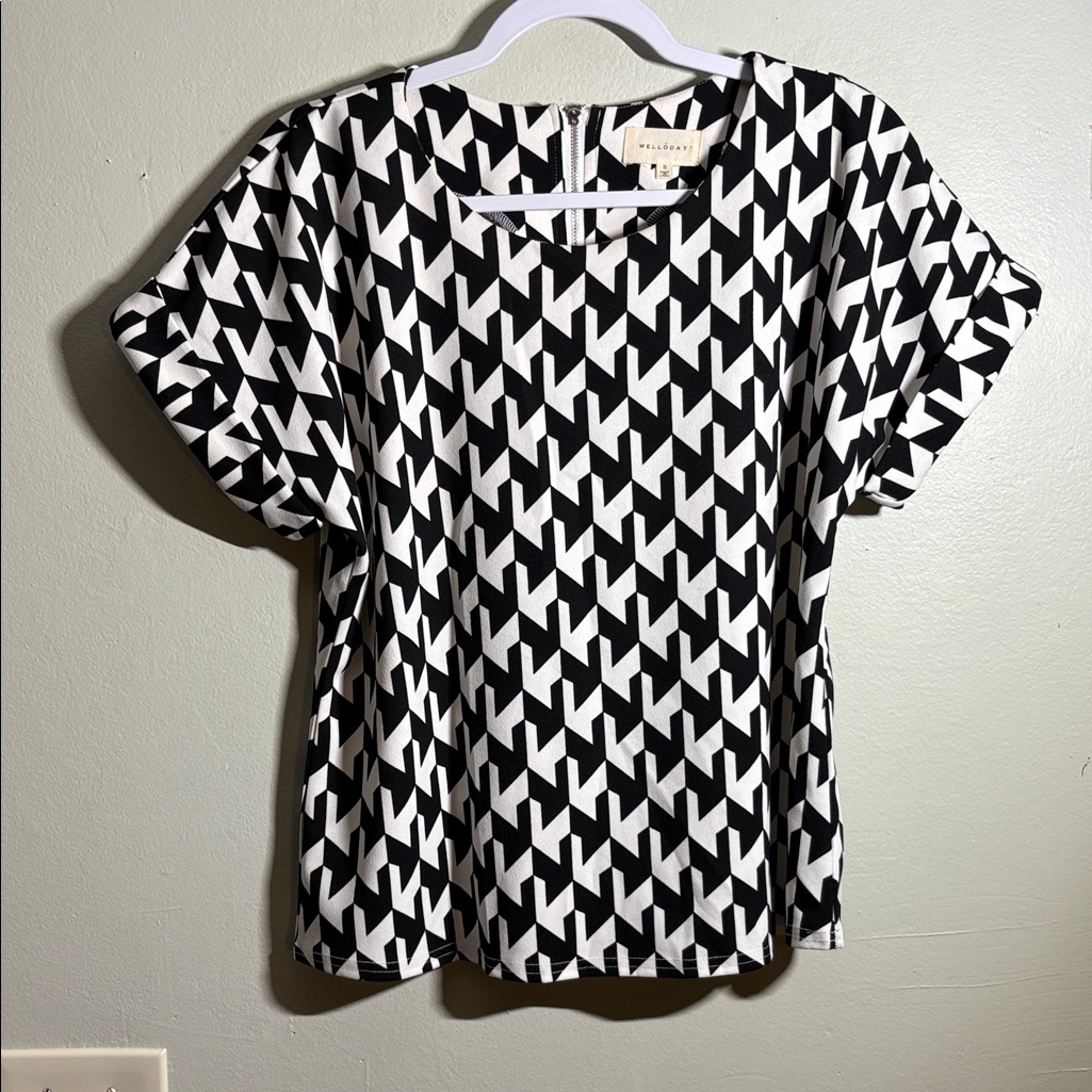 Melloday Black And White Houndstooth Patterned Blouse S Nwot